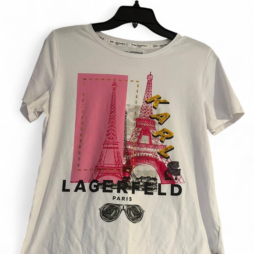 White Karl Lagerfeld Paris t-shirt with gold beads/rhinestones and adorable pink
